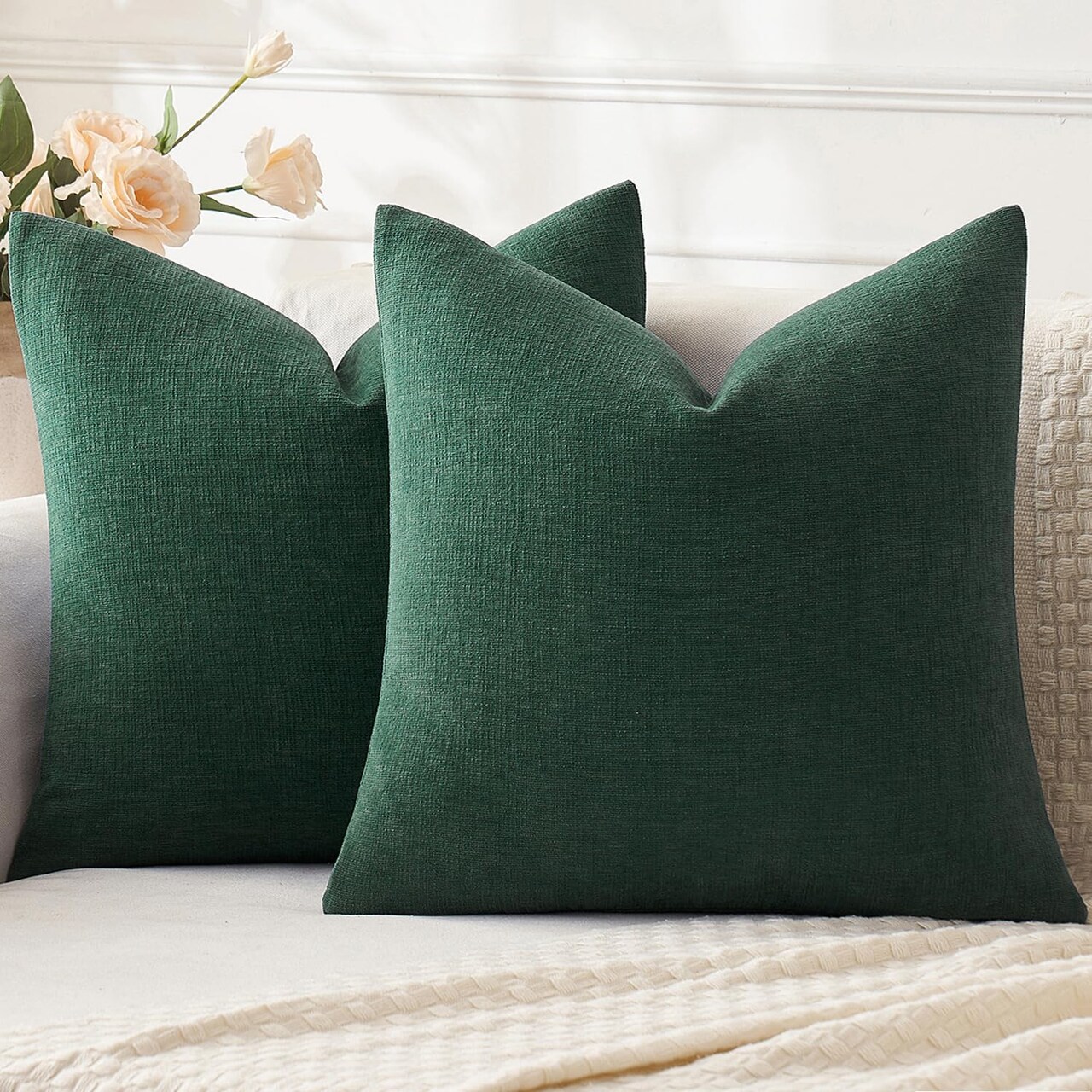 Christmas Dark Green Couch Pillow Covers 18x18 Inch, Set of 2 Soft Chenille Decorative Throw Pillow Covers Farmhouse for Sofa Living Room Bed